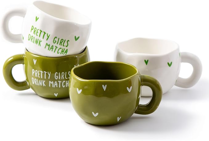 4pcs Ceramic Coffee Cups, 9.4OZ Cute Matcha Cup Set, Green & White, Dishwasher Safe Green Tea Mugs, Pretty Girls Collection