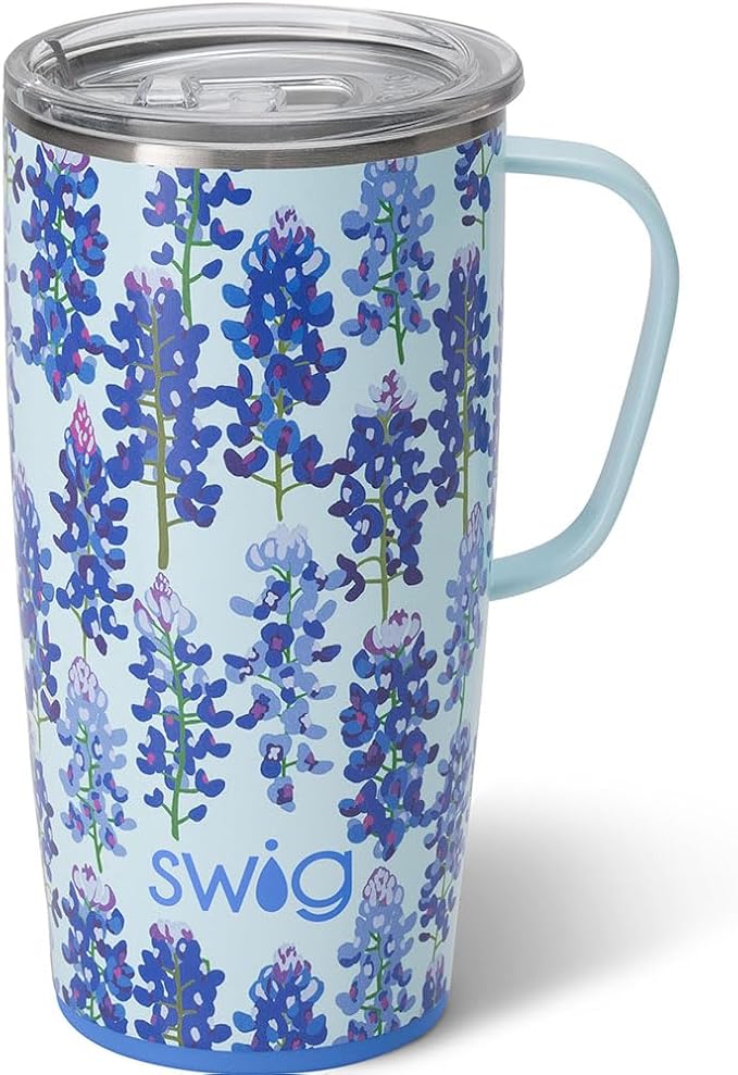 Swig Life 22oz Travel Mug, Insulated Tumbler with Handle and Lid, Cup Holder Friendly, Dishwasher Safe, Stainless Steel, Travel Coffee Cup, Insulated Mug with Lid (Bluebonnet)