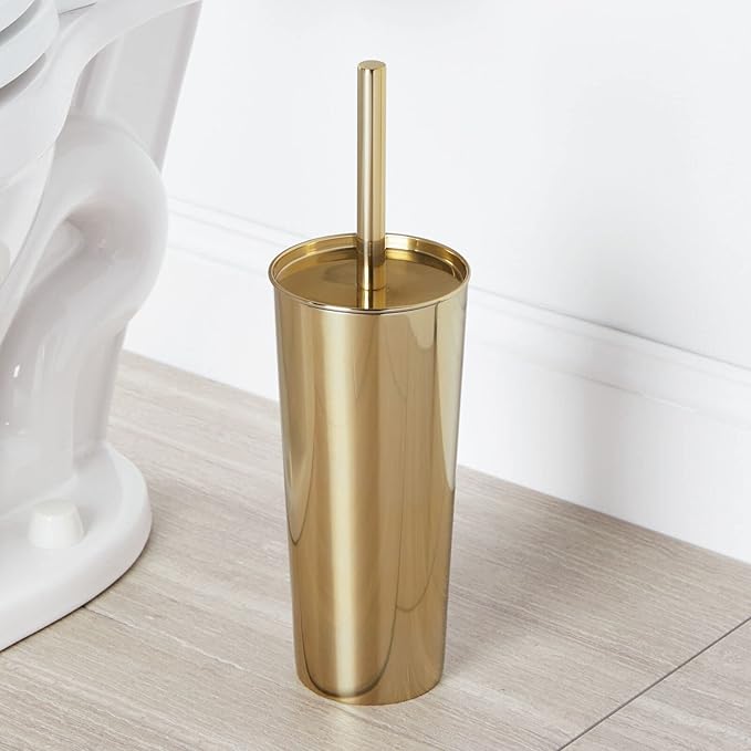 mDesign Modern Compact Freestanding MetalToilet Bowl Brush and Rectangle Open Wastebasket Garbage Can Combo Set for Bathroom Storage - Sturdy, Deep Cleaning - Set of 2 - Brass