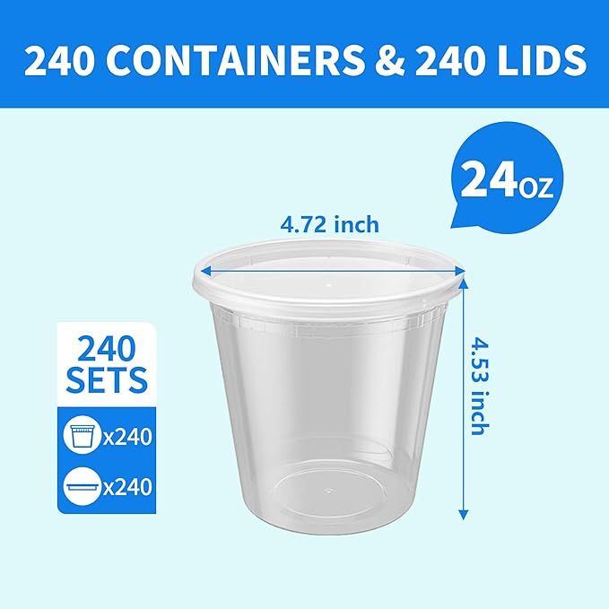 240 Sets 24oz Deli Food Storage Containers, Plastic Takeout Deli Cups for Meal Prep Leftover, Reusable Round Soup Containers with Lids, BPA Free, Stackable, Leakproof, Microwave and Freezer Safe