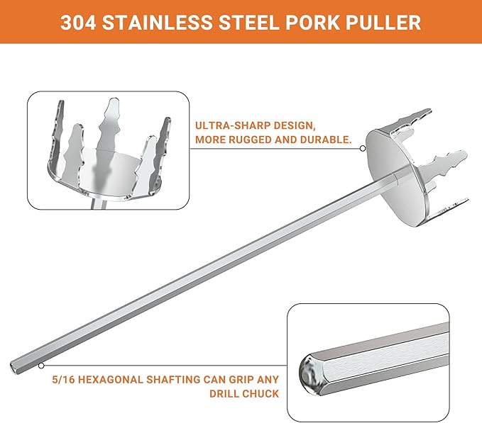Onlyfire 3 Inch Pork Puller, Upgraded Ultra-Sharp Stainless Steel Meat Fork Meat Shredder Used with Standard Hand Drill for Beef, Chicken, Potato Masher and Tamale Meat
