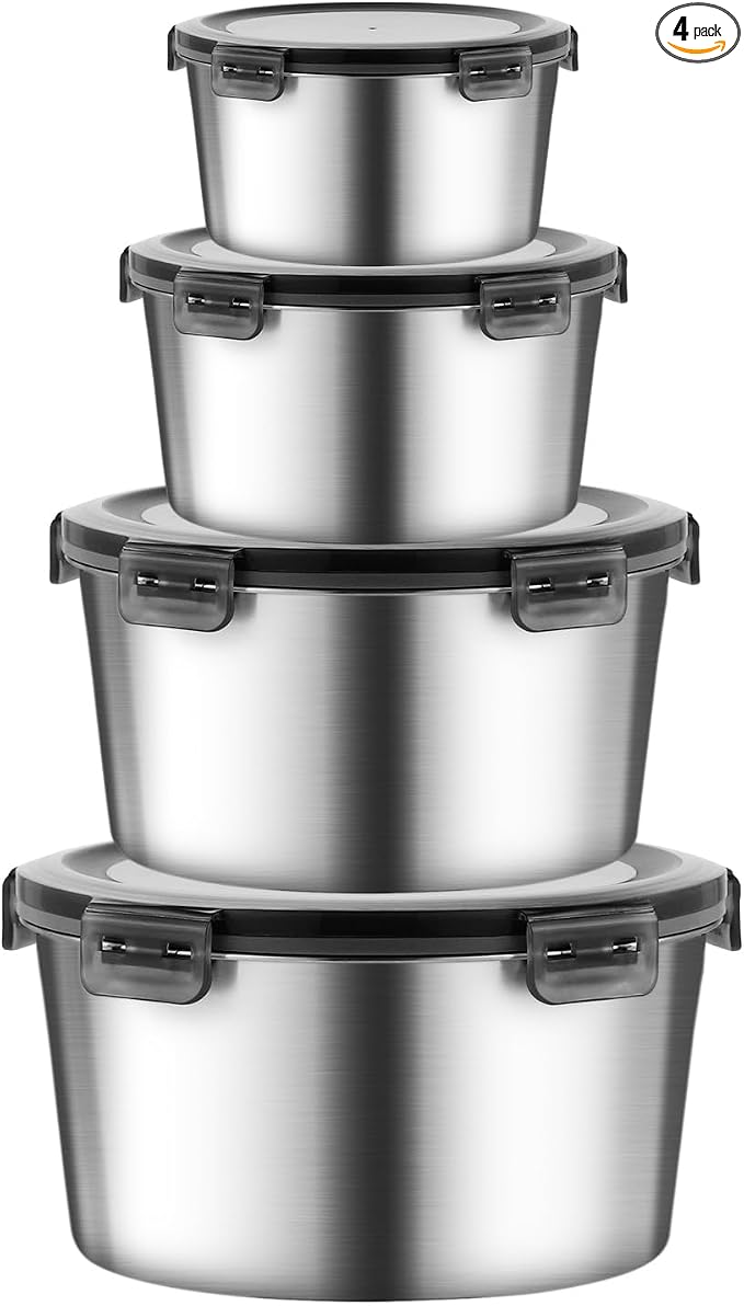 316L Stainless Steel Food Storage Containers with Lids, 11.5oz/20oz 34oz/71oz Airtight Metal Meal Prep Containers,Bento Lunch Box for Kitchen, Picnic & Camping（340 ml/600 ml/1000 ml/2100 ml）