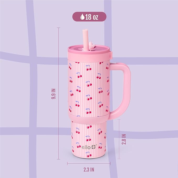 Ello Oasis 18oz Stainless Steel Kids Tumbler with Handle & Retracting Straw, 100% Leakproof, Double-Wall Vacuum Insulated, Kids Water Bottle for School, BPA Free, Dishwasher Safe, Preppy Cherries