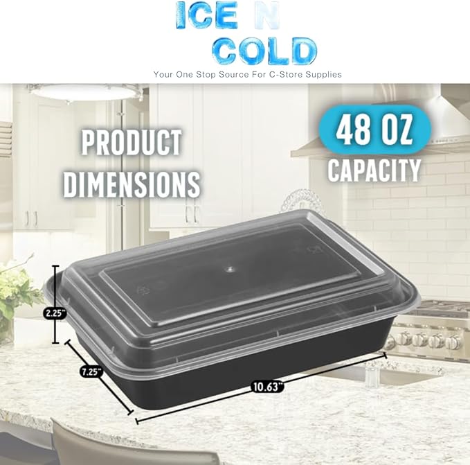 ICE N COLD Reusable To-Go Food Meal Prep Storage Containers with Leak Proof Snap Lids 48oz | 1420ml | 150-Pack
