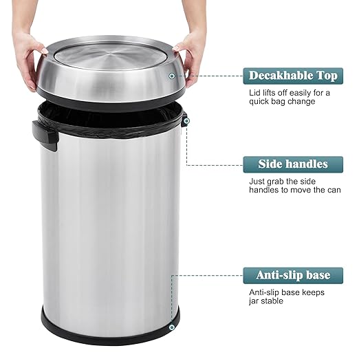 Garvee 17 gal Trash Can, Fingerprint-Proof Stainless Steel Swing Top Garbage Can, Heavy Duty Commercial Round Trash Bin with Swing Lid for Restaurant, Home, Office, Silver