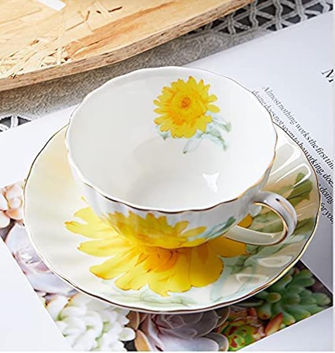 Ceramic Teacup Sunflower Vintage Coffee Mug Tea Cup with Saucer,Set of 4