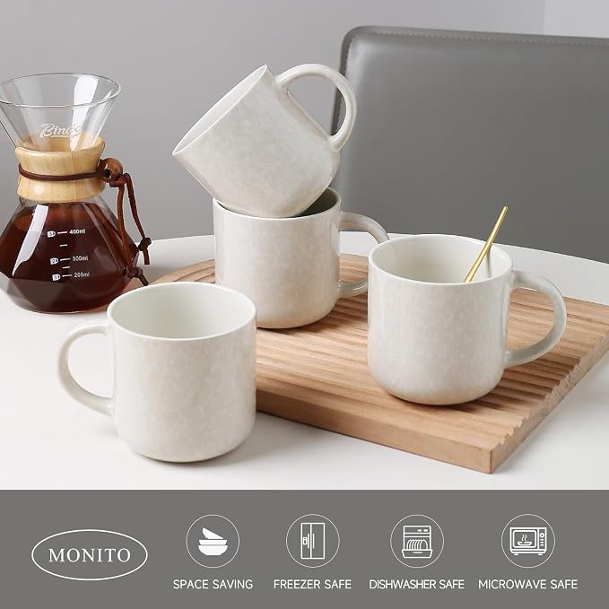 MONITO 12 OZ Coffee Mugs Set of 4, Modern Ceramic Coffee Mugs Set with handle for Tea/Latte/Cappuccino/Milk/Cocoa.White.