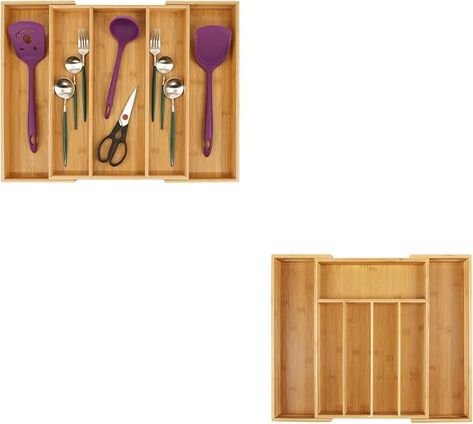 Utoplike Bamboo Expandable Kitchen Drawer Organizer and Bamboo Cutlery Tray Silverware,(11.5"-18") W X 15" H X 2.4“D (Small)