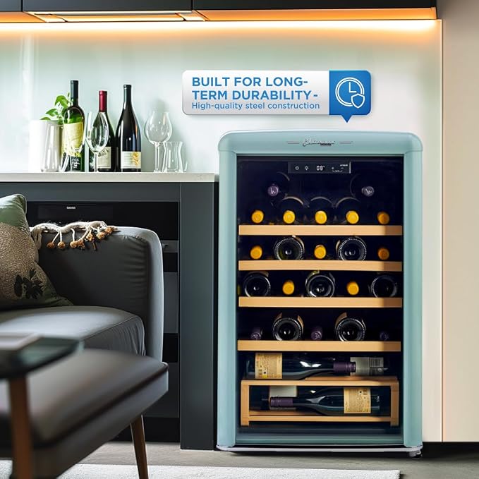 Unique Appliances Classic Retro Electric Wine Cooler, 28-Bottle Wine Fridge with Adjustable Wooden Shelves and Intuitive Digital Control Panel, Single Zone, 21", Ocean Mist Turquoise