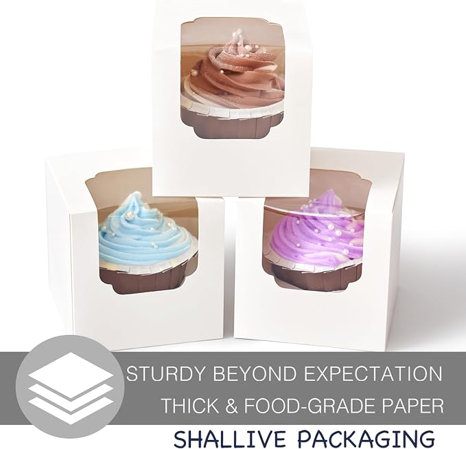 30 Pcs White Cupcake Boxes Individual Easy Assembly with Insert and Window, 3.5" x 3.5" x 3.5" Cupcake Holders