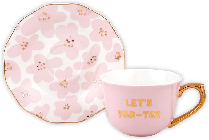 Slant Collections - Ceramic Tea Cup and Saucer Set, 5-Ounce, Let's Par-Tea