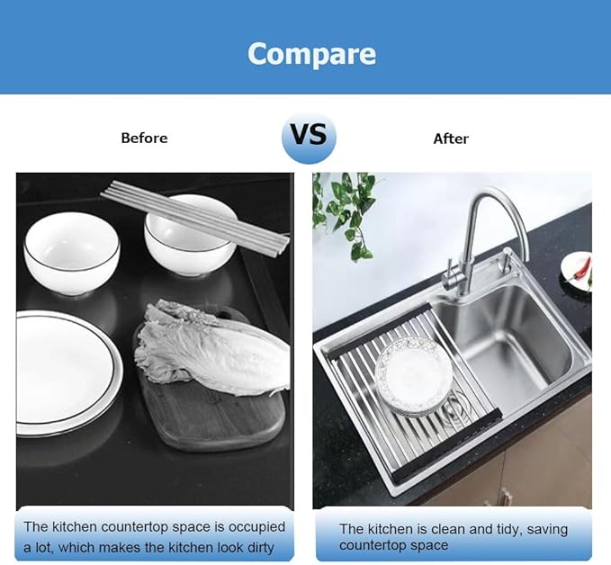 Roll Up Over The Sink Dish Drying Rack, 32-60CM Multipurpose Foldable Sink Cutting Board Dish Rack Mat for Kitchen Counter RV Camper Accessories Travel Trailer(Black,L 41cm/16.1in)