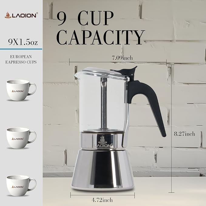 LAOION Stovetop Espresso Maker, 9Cup 360ml Moka Pot, Crystal Glass-top & Stainless Steel Coffee Maker Mocha Pot, Greca De Cafe, Cuban and Italian Coffee Maker for Cafetera Cubana