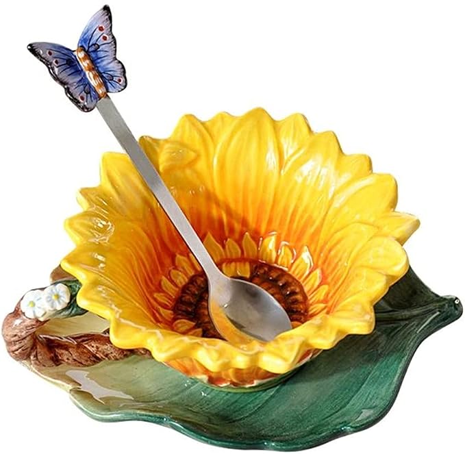 Ceramic Coffee Mug & Saucer Set, 3D Sunflower & Leaf, 6oz | Hand-painted, Handmade, Includes Spoon, Birthday Gift for Women