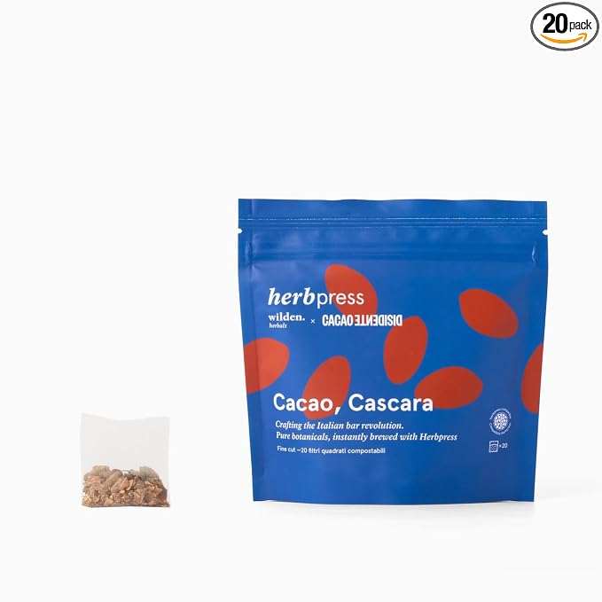 Bristot x Wilden Herbals Herbpress Cacao, Cascara Herbal Infusion – Organic Botanical Drink with Natural Cacao Notes – Softpack of 20 Square Filters