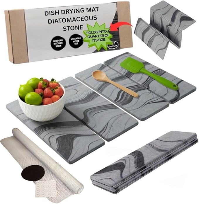 Foldable Stone Dish Drying Mat for Kitchen Counter | 23.5” L x 15.3” W Diatomaceous Earth Quick Drying Pad | Foldable & Super Absorbent Dish Drying Stone for Plates, Bottles & Utensils | Gray