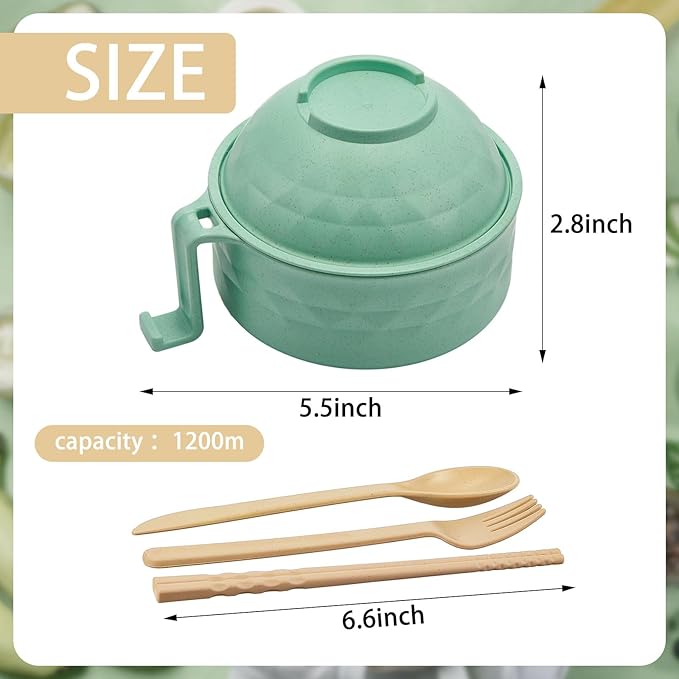 2 Sets Microwave Ramen Bowl 40 oz Wheat Fiber Portable Instant Noodle Cooker Bowl with Handles Strainer Spoon Chopstick Fork College Dorm Room Apartment Essentials(Green,Blue)