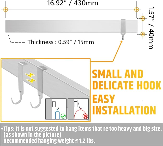 Fridge Applicable 17 Inch Double Sided Magnetic Knife Holder - Stainless Steel Knife Strip With Powerful Magnetic Pull Force - Use as Kitchen Knife Holder, Knife Rack & Tool Holder - Silver