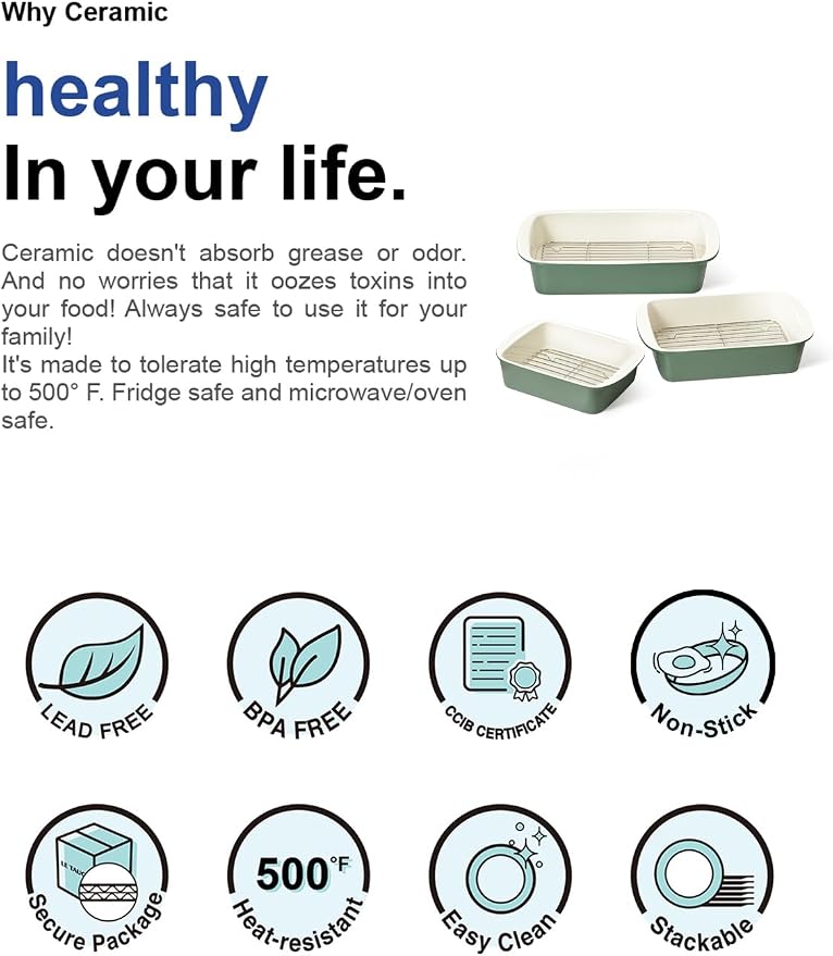 LE TAUCI Deep Casserole Dishes for Oven, 13.7”x9.6” Ceramic Baking Dish Set with Roasting Racks, Large Lasagna Pans with Handles, Rectangular Bakeware as Gift for Mom, Forest Green (4.6QT/3.0QT/1.6QT), Set of 3
