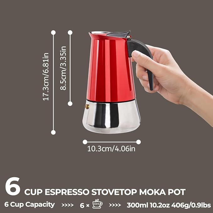 6 Cup 300ml Moka Pot Stainless Steel Espresso Coffee Maker Stovetop Coffeemaker Italian Classic Style Brewing Greca Cafe Mocha Machine for Cafeteras Lover Camping Travel and Home Use 10oz