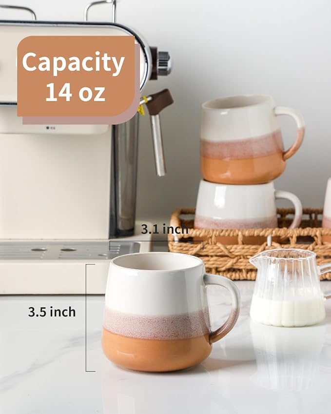 Coffee Mugs Set of 4, Ceramic Tea Coffee Cups with Handle, 14 OZ Large Porcelain Mug for Americano, Latte, Cappuccino, Hot Chocolate, Glazed and Brown