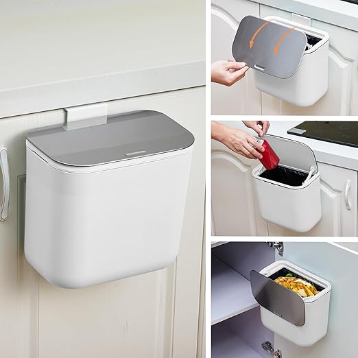 Hanging Kitchen Trash Can with Lid - 1.8 Gallon Small Compost Bin for Cabinet Door, Under Sink - Odor-Sealing Stainless Steel Top Food Waste Bin for RV, Bathroom, Office - Indoor Recycling Bin