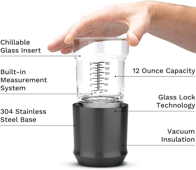 Elevated Craft Hybrid Rocks Glass Premium Vacuum Insulated Steel Base with Removable Insert - 12oz Cocktail Glass, Double Old Fashioned Lowball for Margaritas, Bourbon, Whiskey - Gunmetal Black