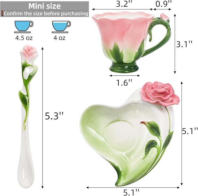 Cididu Pink Tea Cups with Saucer and Spoon, 4.5 Oz Small Ceramic Rose Flower Tea Cup Set for Women Girls, Hand Crafted Vintage Coffee Latte Mug, Fancy Teaware for Mother's Day, Birthday Gift, Wedding