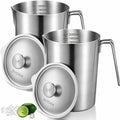 2 Pcs 2 L/70 oz Large Stainless Steel Pitcher with Lid, Metal Measuring Cup, Large Mouth Graduated Beakers with Handle, Milk Frothing Jug for Espresso Machine, Latte Art, Hot/cold Water