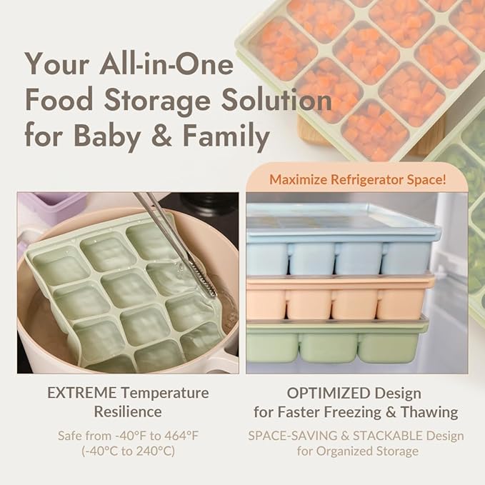 Silicone Freezer Tray, Baby Food Storage Cubes with Clip-On Lid, Freeze Baby Food, Soups, Purees, Ice, Easy and Safe Design, Made in Korea (12, Celadon Green)