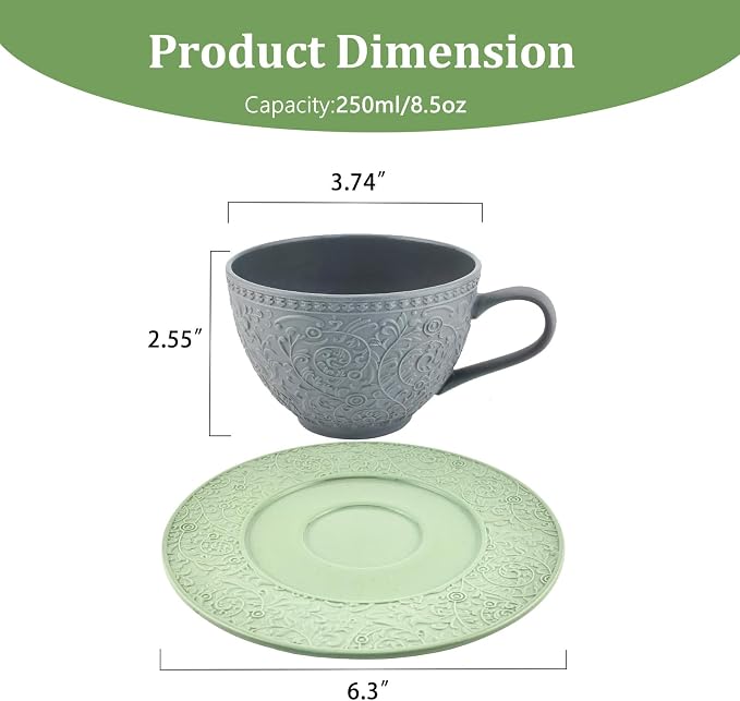 Sophisticated English Afternoon Tea Set, Good for Tea & Latte, Embossed Vintage Cup & Saucer in Slate Grey and Sage Green, 8.5oz Microwave & Dishwasher Safe Stoneware
