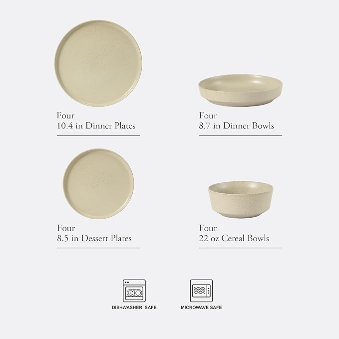 Gibson Elite Overbrook 16-Piece Pottery Clay Stoneware Dinnerware Set – White Reactive Glaze, Stackable Plates and Bowls w/Pasta Bowl, Service for 4 – Microwave & Dishwasher Safe