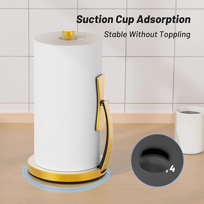 VEHHE Paper Towel Holder Countertop, Paper Towel Holder with Spring Activated Arm and Damping Effect, Simply Tear Paper Towel Stand for Bathroom and Kitchen (Gold)