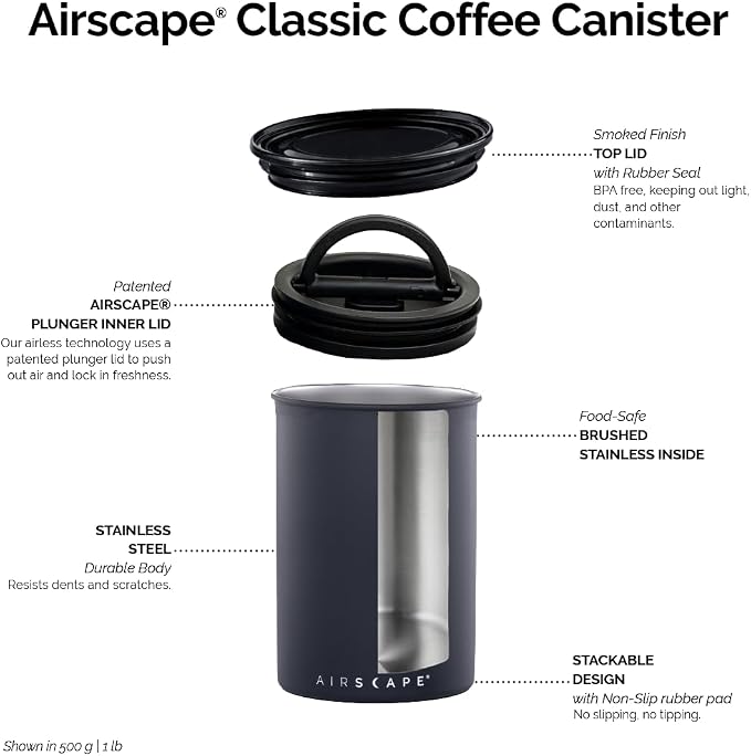 Planetary Design Airscape® Stainless Steel Coffee Canister | Food Storage Container | US Patented Inner Plunger Lid REMOVES Excess Oxygen | Don't Buy airtight, Buy AIR-Less | (Medium, Matte White)