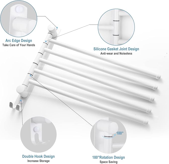 5-Arm Swivel Towel Rack - 180° Rotating Wall Mounted, 304 Stainless Steel Rustproof, Heavy Duty Bathroom Accessories, Space Saving Towel Organizer for Bathroom Kitchen Laundry - Pearl White