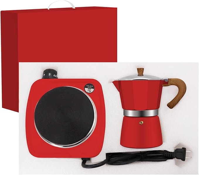 2-in-1 Aluminum Moka Pot Set with Electric Stove Classic Stovetop Espresso Coffee Maker 150ml 5oz Mocha Express Portable Gift Camping Travel Preferred Cafe Italian Cuban Café Brewing 3 Cup