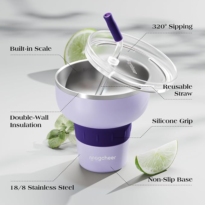 16 oz Cocktail Tumbler with Lid and Straw - Stainless Steel Insulated Margarita Tumbler - 320° Sippable Stemless Wine Cup for Party | Purple
