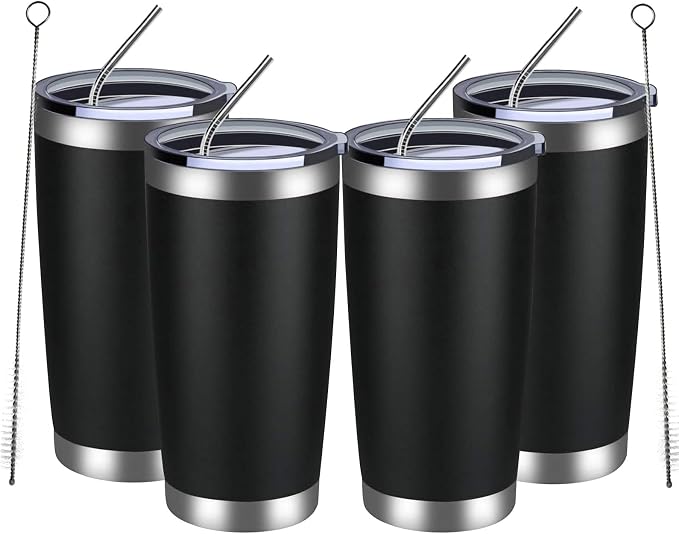 MEWAY 20oz Tumbler 4 Pack Double Wall Vacuum Insulated Travel Mug Bulk, Stainless Steel Tumblers with Lid and Straw, Durable Powder Coated Coffee Cups for Cold & Hot Drinks (Black, 4)
