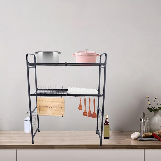 Stainless Steel Kitchen Storage Organizer Rack,Dish Drying Rack, 2 Tier Over The Sink Dish, Plate, Cup Drying Rack,Dish Drainer Storage Rack for Chicken Counter (Black)
