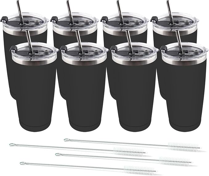 Amtidy 8 Pack 20oz Stainless Steel Tumbler with Lid, Powder Coated Vacuum Insulated Tumbler Cup, With straw and cleaning brushDouble Wall Coffee Tumbler, Powder Coated Travel Mug