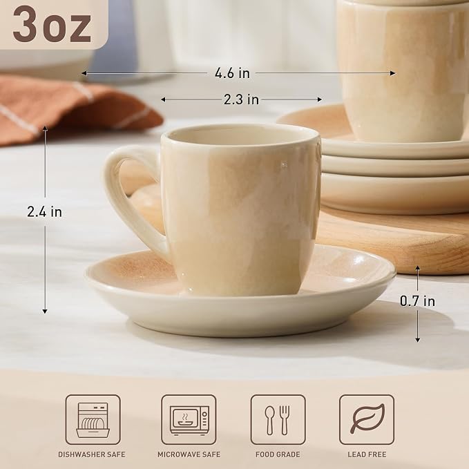 famiware Glacier Espresso Cups with Saucers Set of 4, 3oz Espresso Cup Set, Coffee Mug Set for Latte, Macchiato, Stoneware Demitasse Cups Set for Cafe, Microwave&Dishwasher Safe, Honey Beige