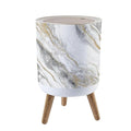Trash Can with Lid White Gold Marble Texture Design Press Top Round Small Garbage Bin with Wooden Legs Waste Basket for Kitchen Bedroom Nursery 7L/1.8 Gallon