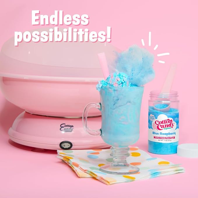 Cotton Candy Express Floss Sugar Variety Pack with 5 - 11oz Plastic Jars of Grape, Orange, Pink Vanilla, Blue Raspberry, Cherry Flossing Sugars Plus 50 Paper Cotton Candy Cones