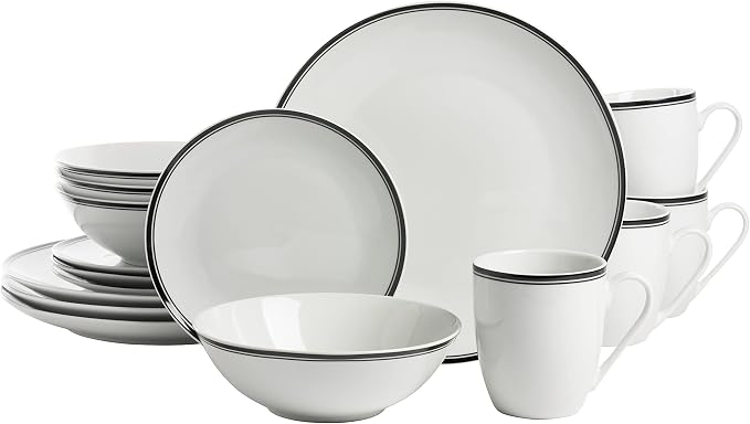 10 Strawberry Street Café Stripe 16 Piece Coupe Dinnerware Set, Black