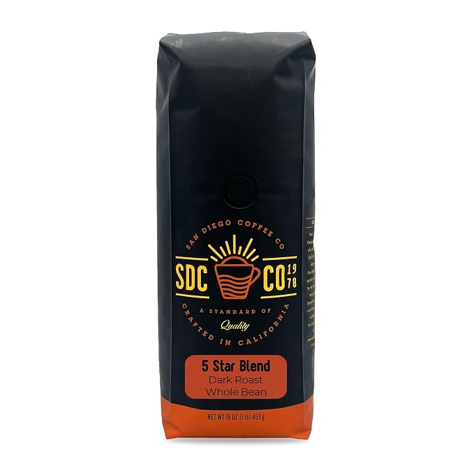 San Diego Coffee 5 Star Blend, Dark Roast, Whole Bean Coffee, 16-Ounce Bag Café en grano tostado