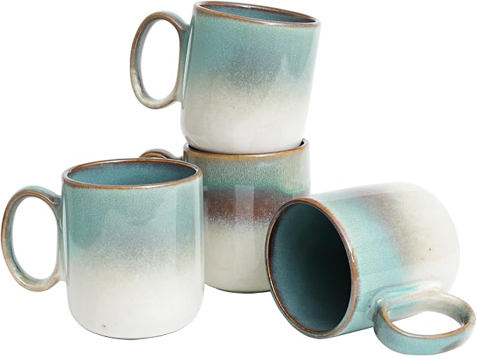 Bosmarlin Ceramic Coffee Mug Set of 4, 14 Oz, Coffee Cups with Big Handle, Microwave Safe, Unique Reactive Glaze (Green)