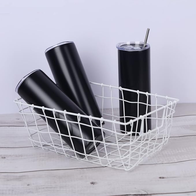 20 Oz Stainless Steel Straight Skinny Tumbler Set (8 Pack), Insulated Slim Thin Travel Cup with Lid, Black