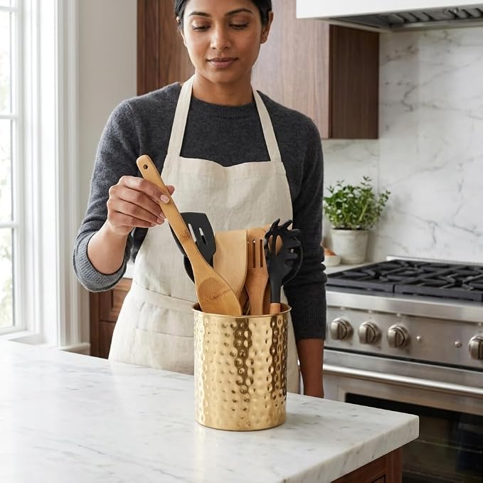 Monarch Abode Kitchen Utensil Holder – Hand Hammered Metal Brushed Gold Utensil Holder, Decorative Utensil Crock for Kitchen Counter, Cooking Tool and Spatula Holder for Countertop, Caddy Organizer