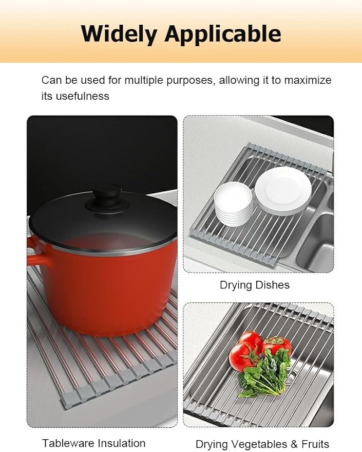 14.6/18.5 in Long Collapsible Over Sink Roll Up Dish Drying Rack for Kitchen Sink, Foldable Stainless Steel & Silicone Dish Drainer(Black,47x23.5cm/18.5x9.3in)