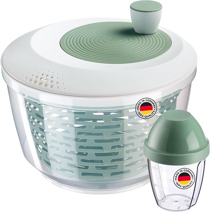 Westmark Spinderella Salad Spinner 4.4L and Shaker Cup Mixing Egg 0.25L - Non-Slip Spinner with Rotary Knob and Spout - Shaker with Screw Lid and Mixing Disc - Mint Green